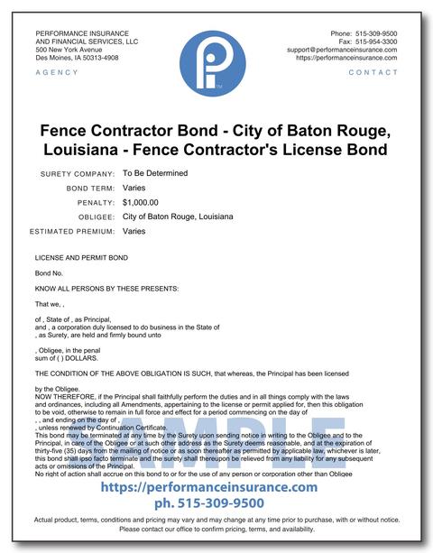 Fence Contractor Bond City Of Baton Rouge Louisiana Fence Contractor S License Bond